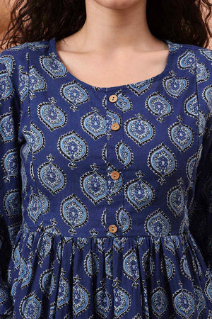 Blue Printed Cotton Kurti Pant Set