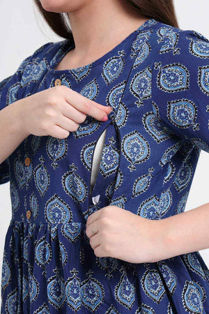 Blue Printed Cotton Kurti Pant Set