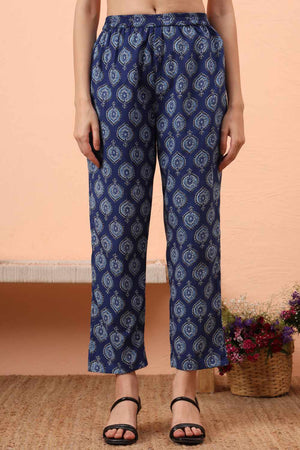 Blue Printed Cotton Kurti Pant Set