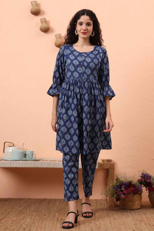 Blue Printed Cotton Kurti Pant Set