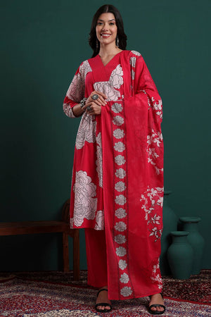 Dark Pink Floral Printed Cotton Straight Cut Suit Set