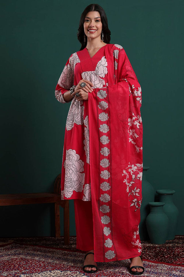 Dark Pink Floral Printed Cotton Straight Cut Suit Set