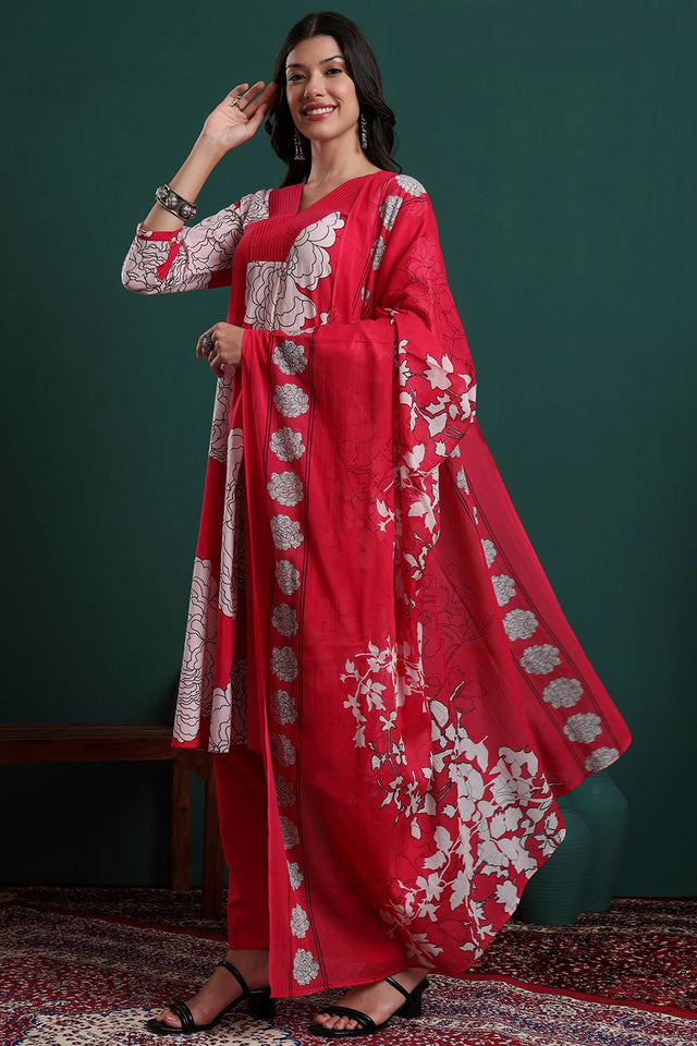 Dark Pink Floral Printed Cotton Straight Cut Suit Set