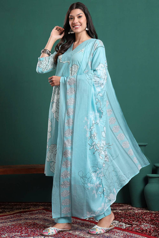 Blue Floral Printed Cotton Straight Cut Suit Set