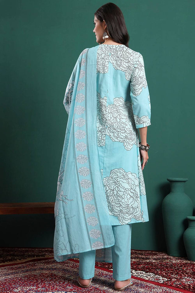 Blue Floral Printed Cotton Straight Cut Suit Set