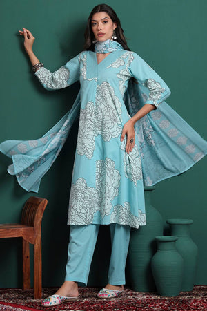 Blue Floral Printed Cotton Straight Cut Suit Set