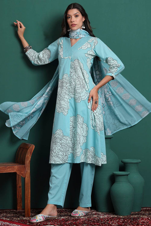 Blue Floral Printed Cotton Straight Cut Suit Set