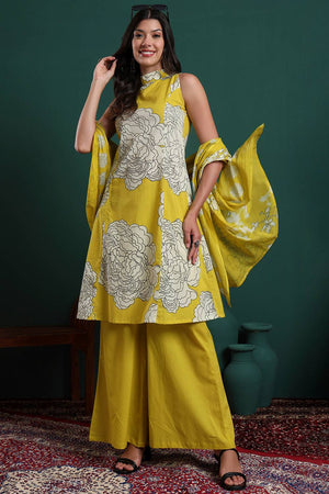Mustard Floral Printed Cotton Palazzo Suit Set