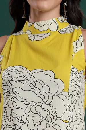 Mustard Floral Printed Cotton Palazzo Suit Set