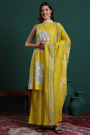 Mustard Floral Printed Cotton Palazzo Suit Set