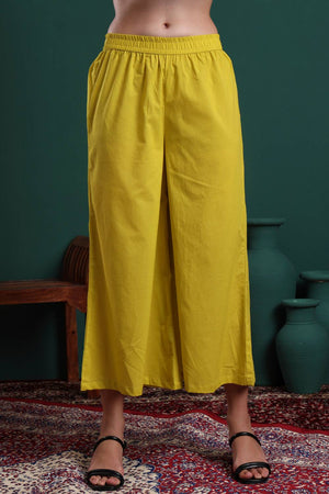 Mustard Floral Printed Cotton Palazzo Suit Set