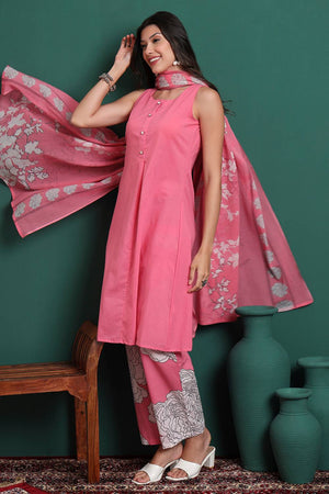 Pink Solid Cotton Palazzo Suit Set
