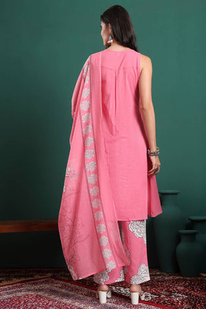 Pink Solid Cotton Palazzo Suit Set