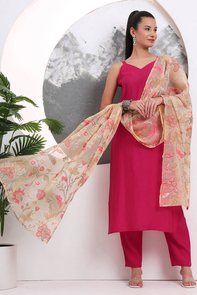 Pink Solid Silk Blend Straight Cut Suit Set