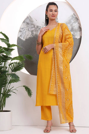 Yellow Solid Silk Blend Straight Cut Suit Set