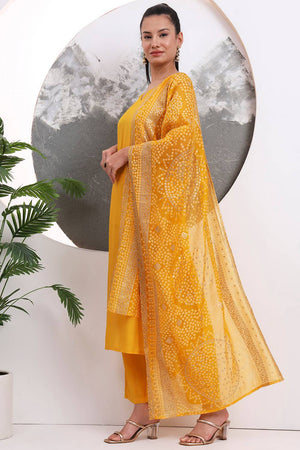 Yellow Solid Silk Blend Straight Cut Suit Set