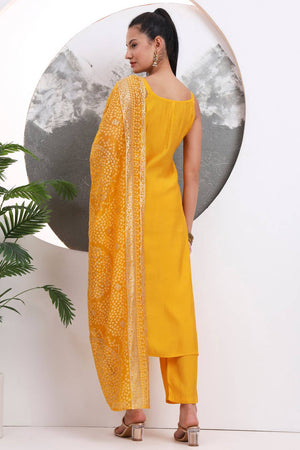 Yellow Solid Silk Blend Straight Cut Suit Set