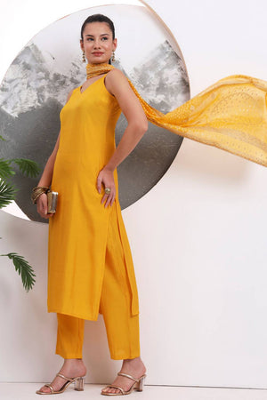 Yellow Solid Silk Blend Straight Cut Suit Set