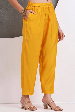 Yellow Solid Silk Blend Straight Cut Suit Set