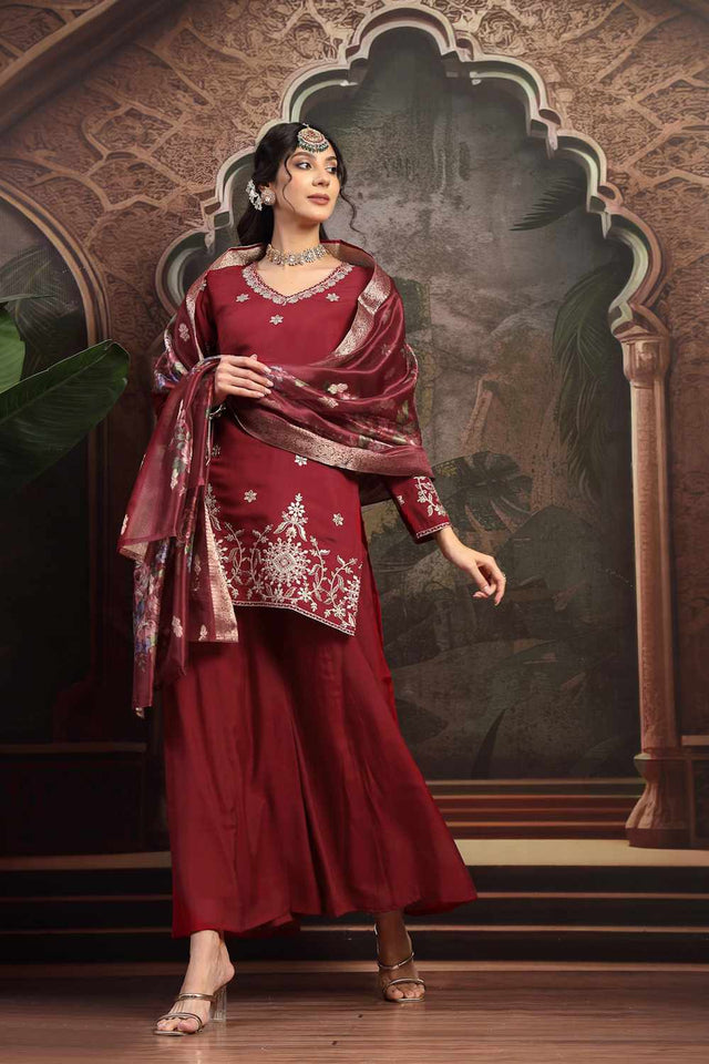 Maroon Embroidery Chanderi Silk Kurti Palazzo Set
