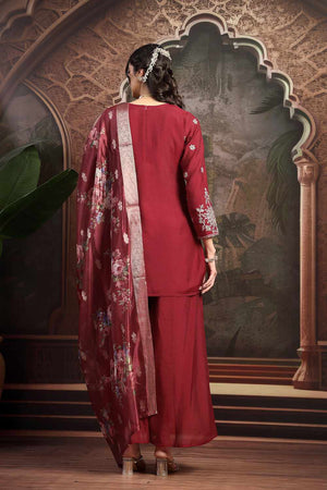 Maroon Embroidery Chanderi Silk Kurti Palazzo Set
