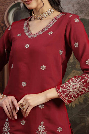 Maroon Embroidery Chanderi Silk Kurti Palazzo Set