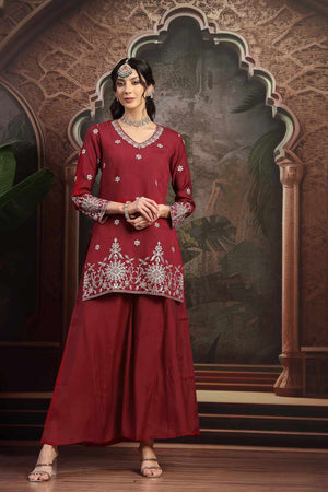 Maroon Embroidery Chanderi Silk Kurti Palazzo Set