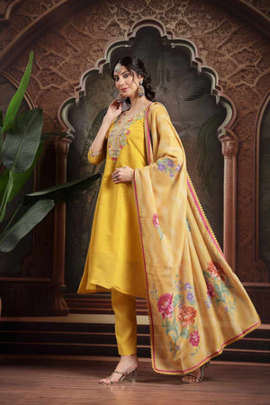 Yellow Embroidery Chanderi Silk Kurti Pant Set