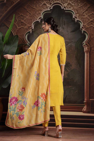 Yellow Embroidery Chanderi Silk Kurti Pant Set