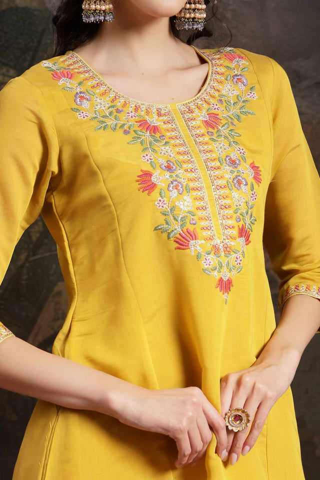 Yellow Embroidery Chanderi Silk Kurti Pant Set