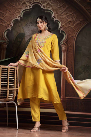 Yellow Embroidery Chanderi Silk Kurti Pant Set