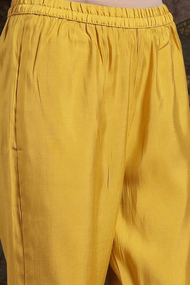 Yellow Embroidery Chanderi Silk Kurti Pant Set