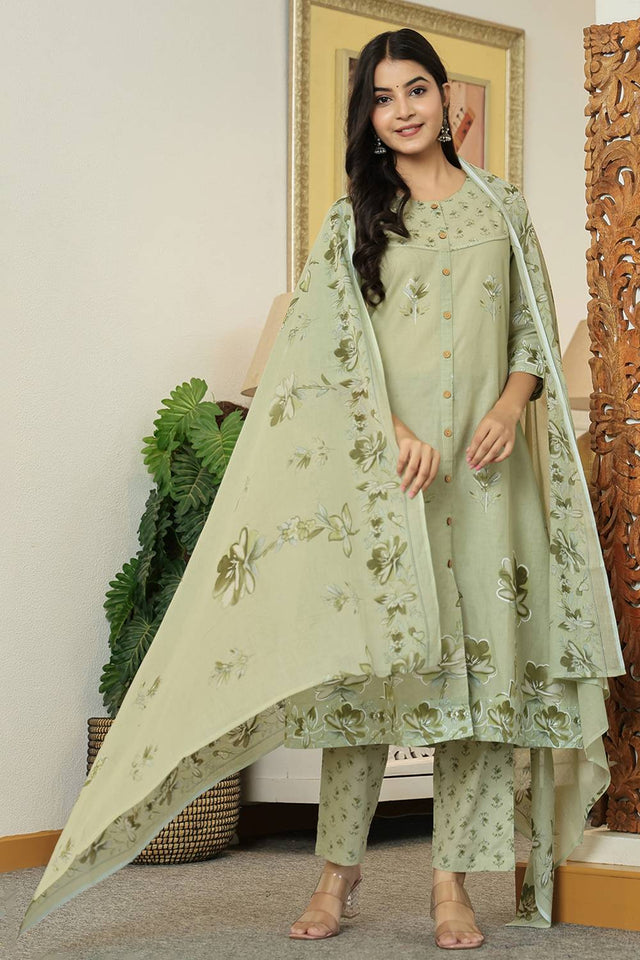Green Floral Printed Cotton Straight Cut Suit Set