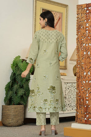 Green Floral Printed Cotton Straight Cut Suit Set