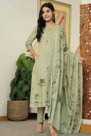Green Floral Printed Cotton Straight Cut Suit Set