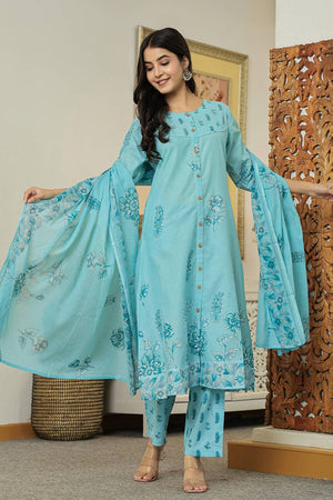 Blue Floral Printed Cotton Straight Cut Suit Set