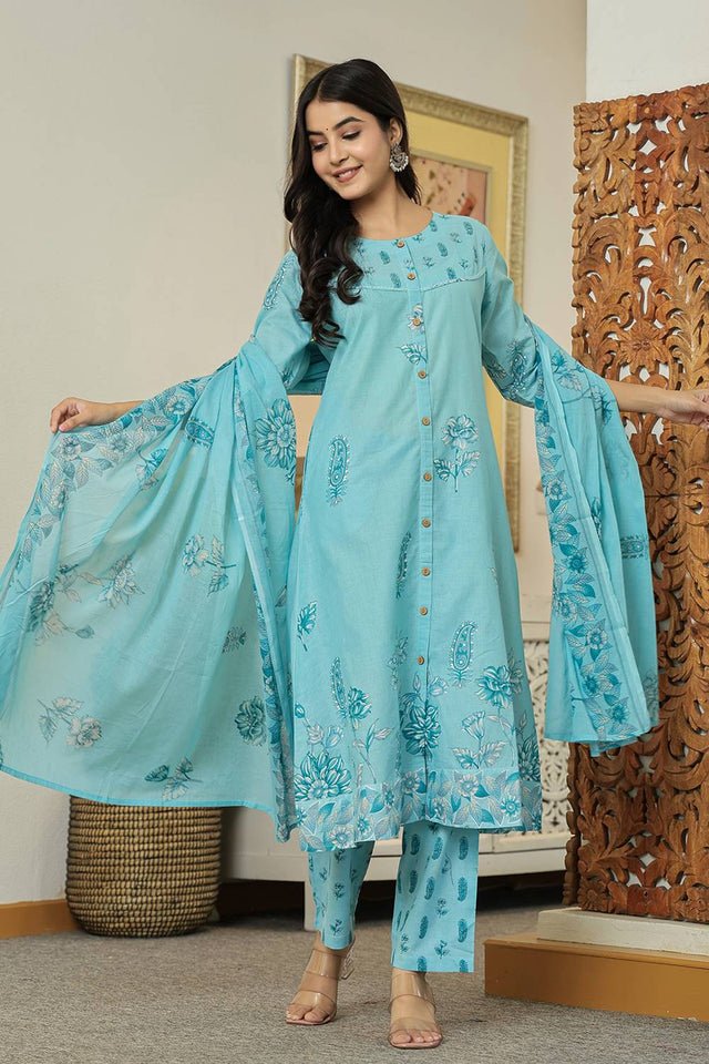 Blue Floral Printed Cotton Straight Cut Suit Set