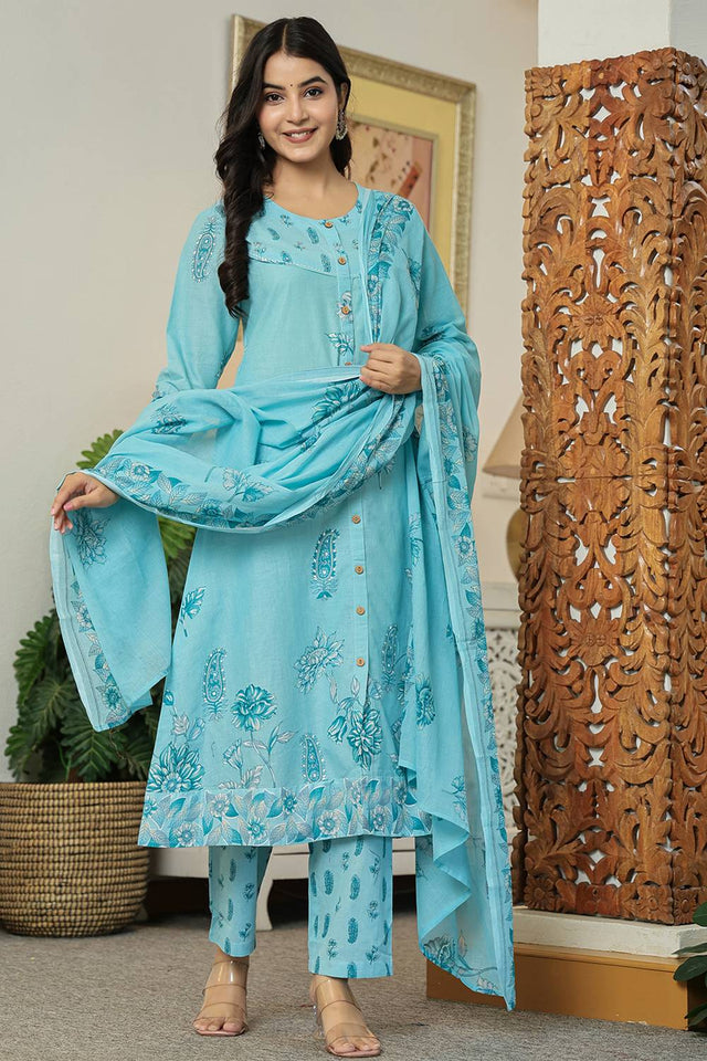 Blue Floral Printed Cotton Straight Cut Suit Set