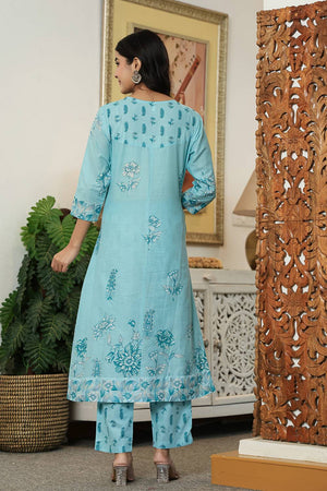 Blue Floral Printed Cotton Straight Cut Suit Set