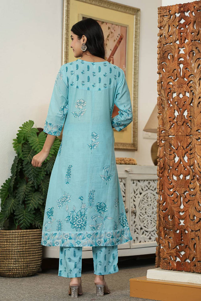Blue Floral Printed Cotton Straight Cut Suit Set