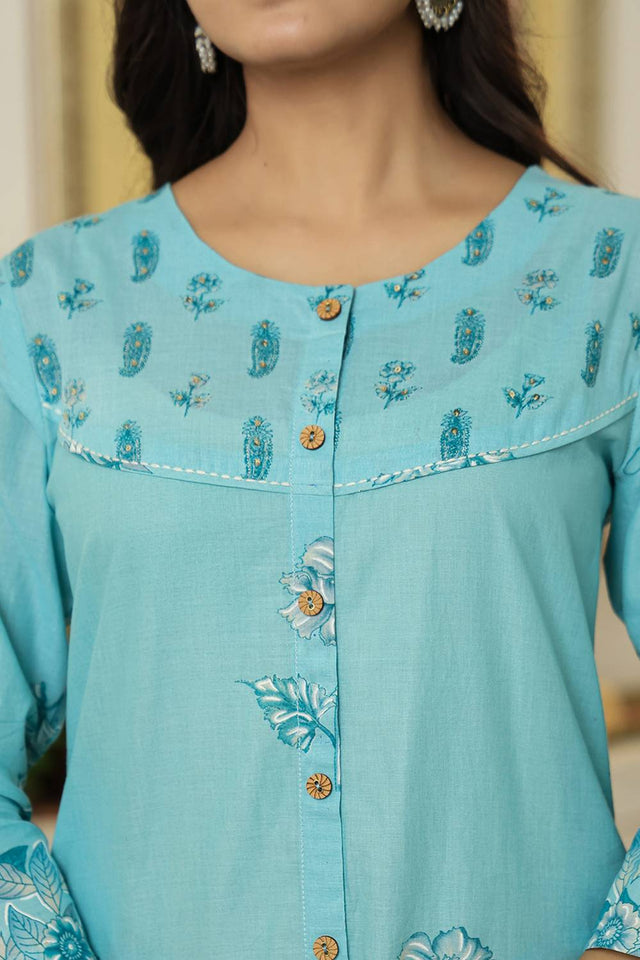 Blue Floral Printed Cotton Straight Cut Suit Set