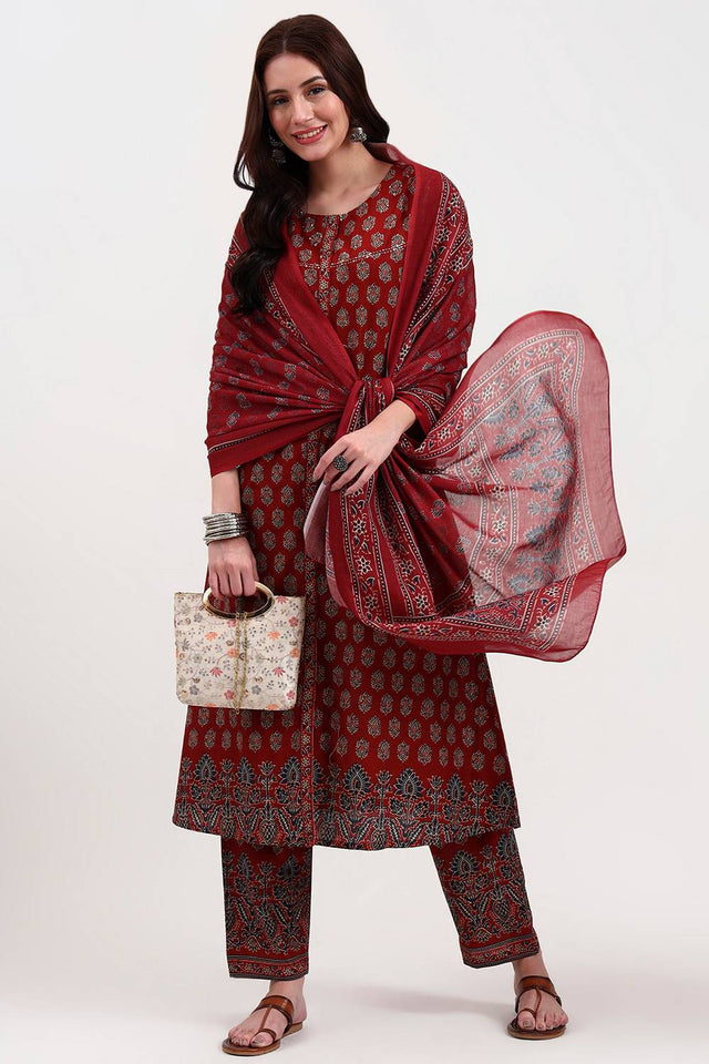 Rust Floral Printed Cotton Straight Cut Suit Set