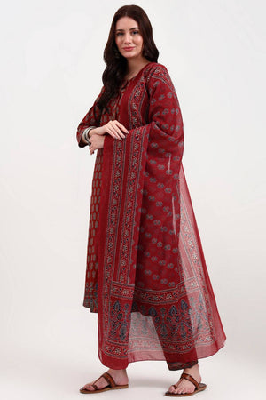 Rust Floral Printed Cotton Straight Cut Suit Set