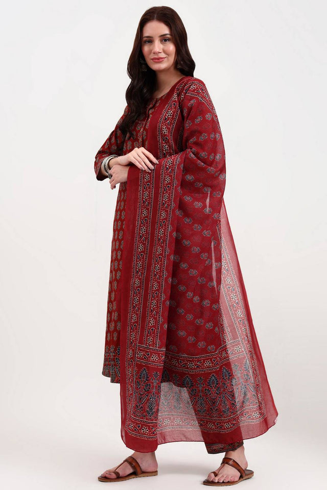Rust Floral Printed Cotton Straight Cut Suit Set