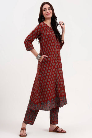 Rust Floral Printed Cotton Straight Cut Suit Set
