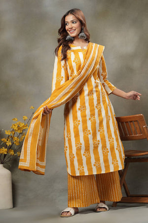 Mustard Striped Printed Cotton Palazzo Suit Set