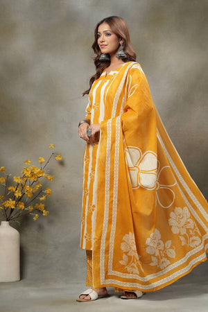 Mustard Striped Printed Cotton Palazzo Suit Set