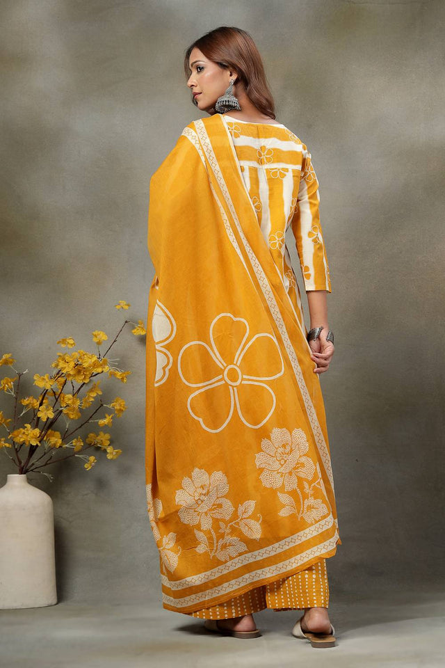 Mustard Striped Printed Cotton Palazzo Suit Set