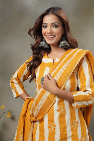 Mustard Striped Printed Cotton Palazzo Suit Set