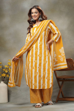Mustard Striped Printed Cotton Palazzo Suit Set